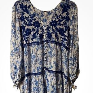 Free People ~ Women’s ~ Dress ~ XS ~ Blue & White ~ Long ~ Embroidered